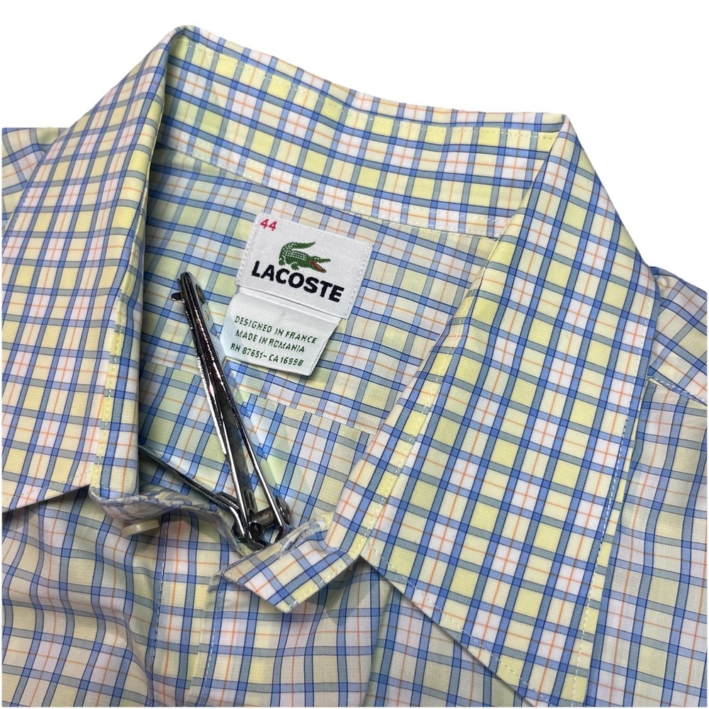 Lacoste Plaid Pocket Shirt Mens Size 44 Yellow Blue Long Sleeve Button Down Logo